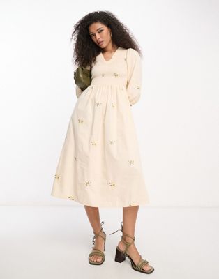 Y.A.S shirred bodice smock midi dress with floral embroidery in cream
