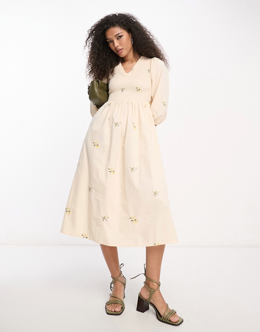 Y.A.S shirred bodice smock midi dress with floral embroidery in cream-White