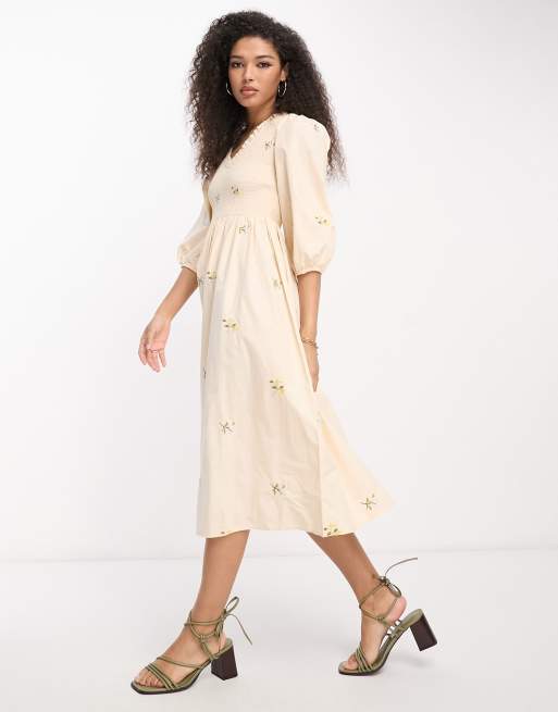 Y.A.S shirred bodice smock midi dress with floral embroidery in cream, 2 of 4