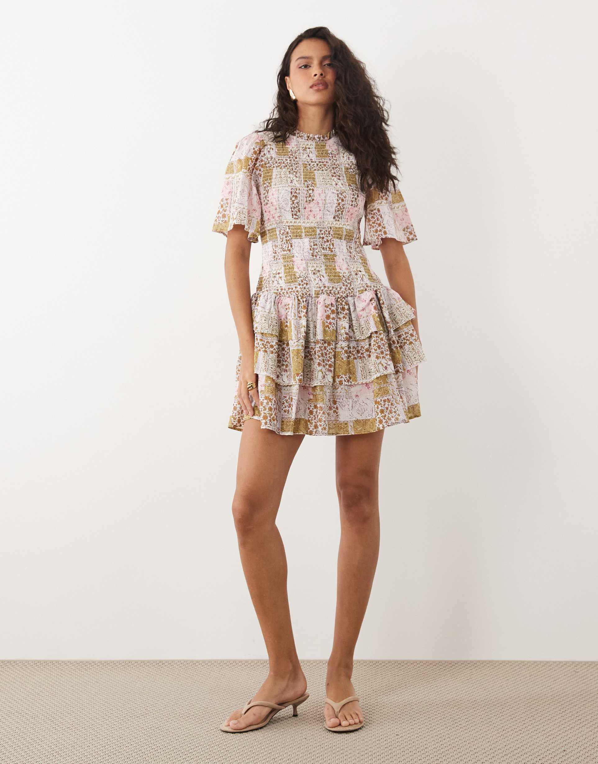yas shirred bodice tiered ruffle hem mini dress in patchwork floral print