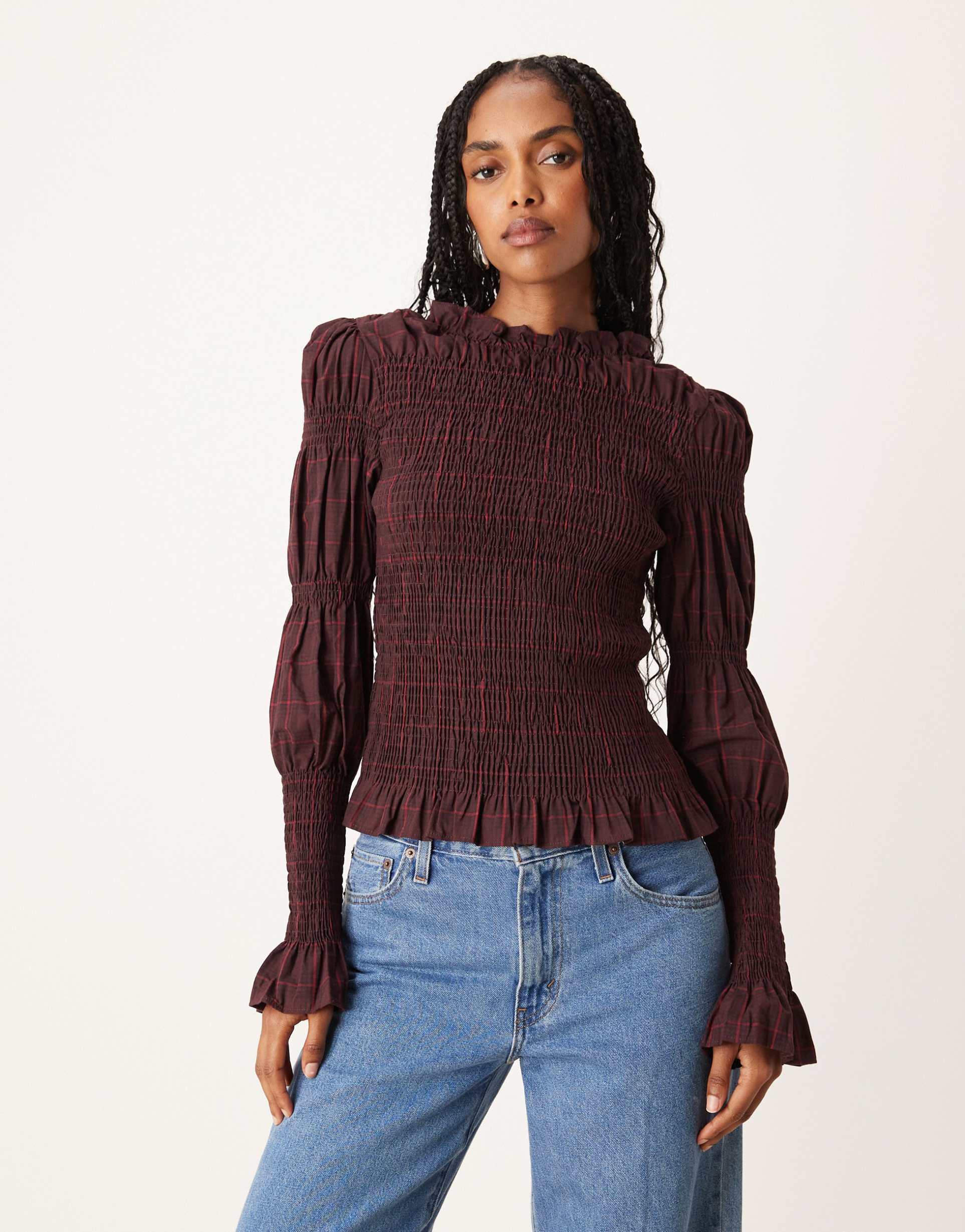 yas shirred detail long sleeve top in burgundy plaid print