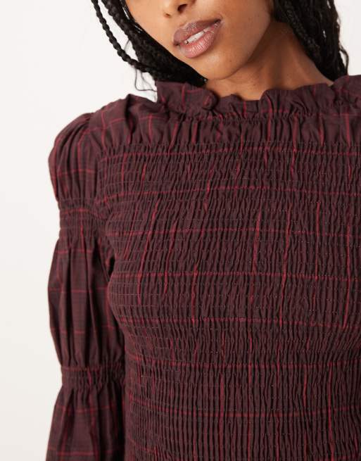 YAS shirred detail long sleeve top in burgundy plaid print, 3 of 4