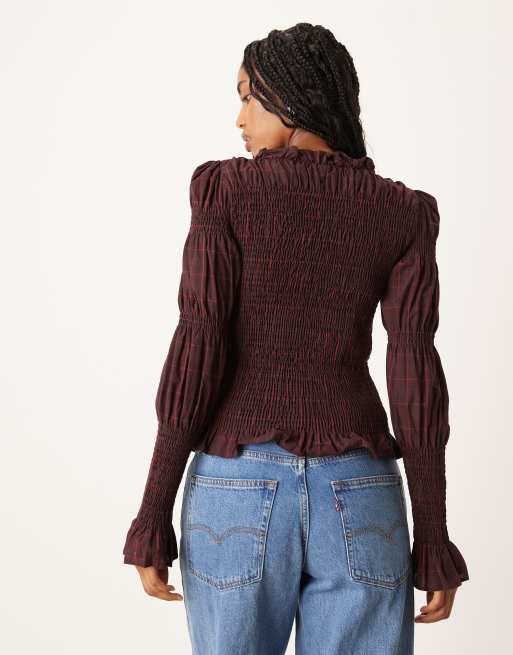 YAS shirred detail long sleeve top in burgundy plaid print, 4 of 4