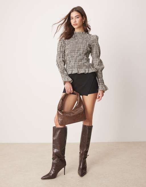 YAS shirred detail long sleeve top in check print