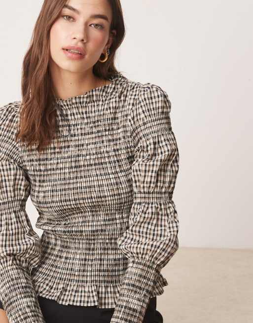 YAS shirred detail long sleeve top in check print