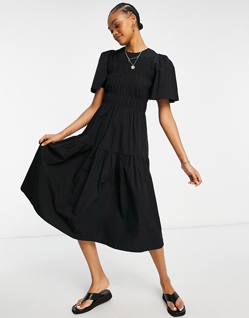 Y.A.S cotton shirred detail midi dress in black - BLACK
