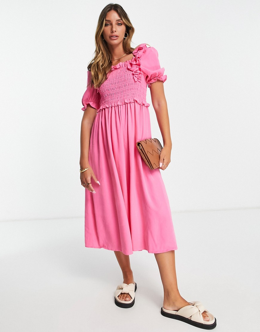 Y. A.S shirred detail midi dress in bright pink