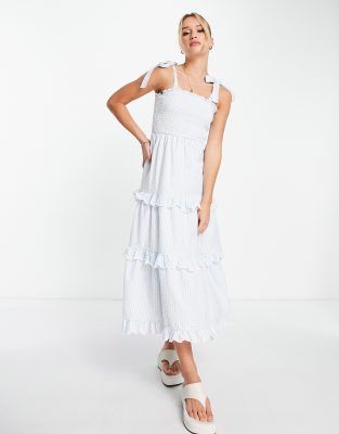 midi shirred layered ruffle dress