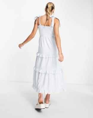 midi shirred layered ruffle dress