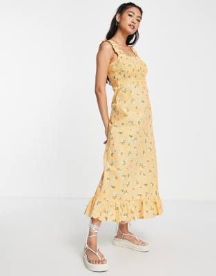 Y.a.s. Shirred Midi Dress With Peach Print In Orange