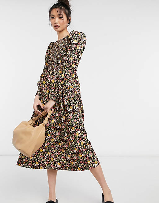 Y.A.S shirred midi dress with puff sleeves in dark floral | ASOS