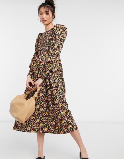 Y.A.S shirred midi dress with puff sleeves in dark floral | ASOS