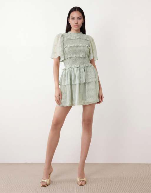 YAS shirred mini dress wirh frill details in sage green stripe, 2 of 4