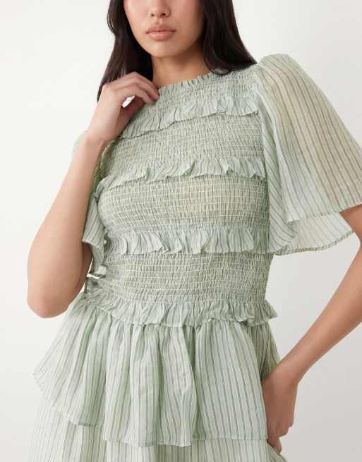 YAS shirred mini dress wirh frill details in sage green stripe, 3 of 4