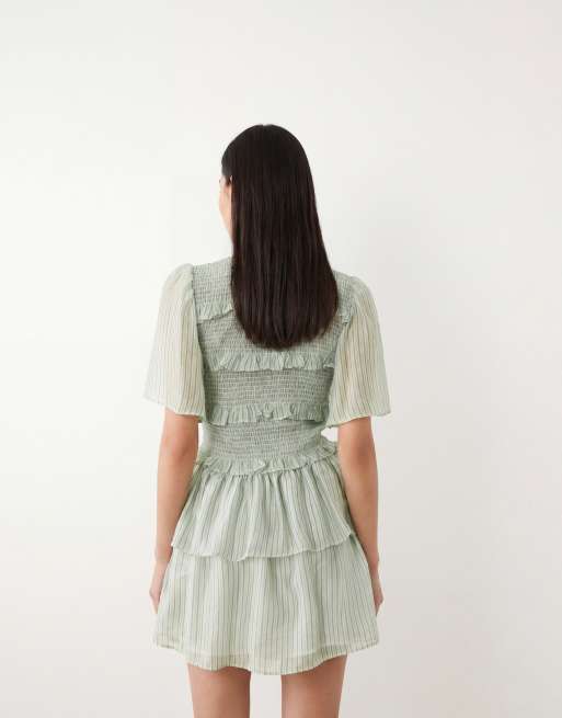 YAS shirred mini dress wirh frill details in sage green stripe, 4 of 4