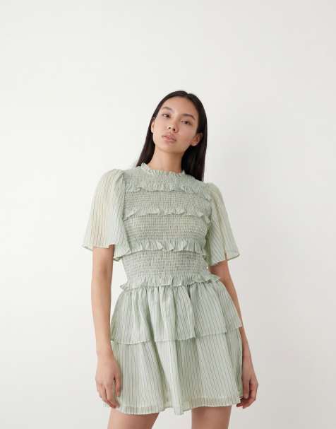 YAS shirred mini dress with frill details in sage green stripes - view 1