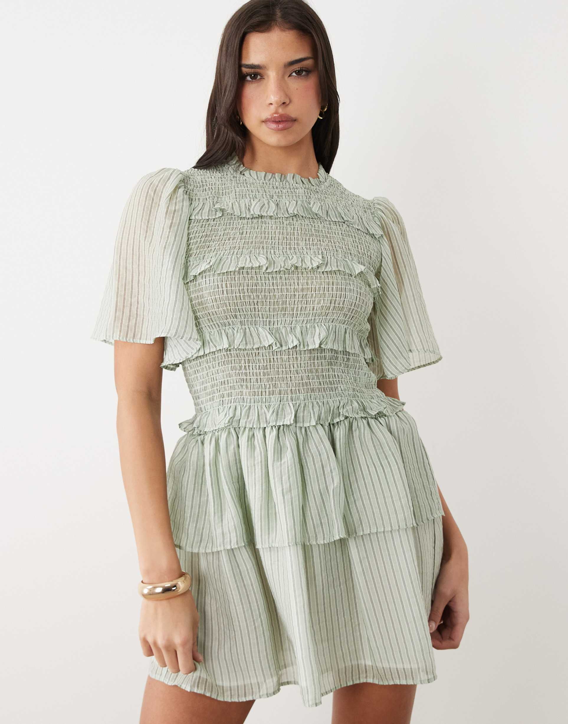 yas shirred mini dress with frill details in sage green stripes
