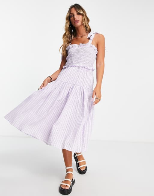 Y.A.S shirred tie strap midi dress in lavender plaid