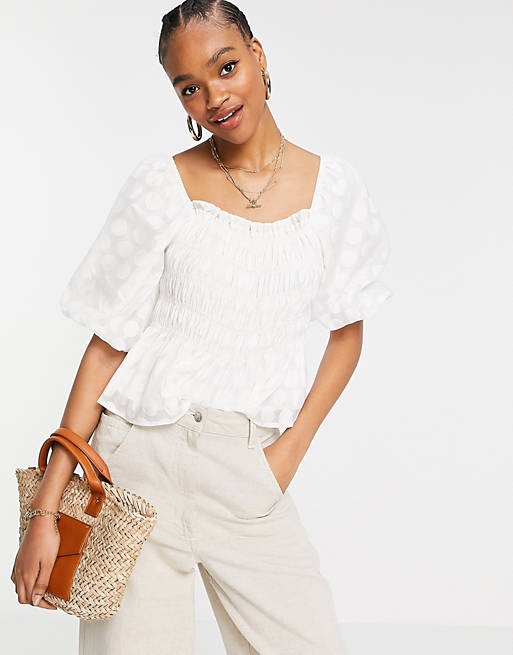 Y.A.S shirred top with puff sleeves in white