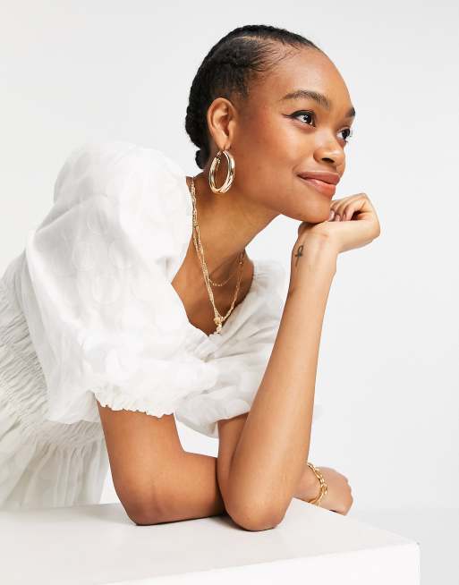 Y.A.S shirred top with puff sleeves in white, 2 of 4