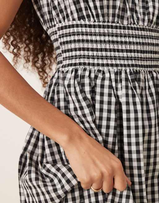 YAS shirred waist midi dress in black and white check, 2 of 4