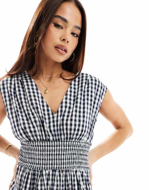 YAS shirred waist v neck midi dress in navy gingham, 2 of 4