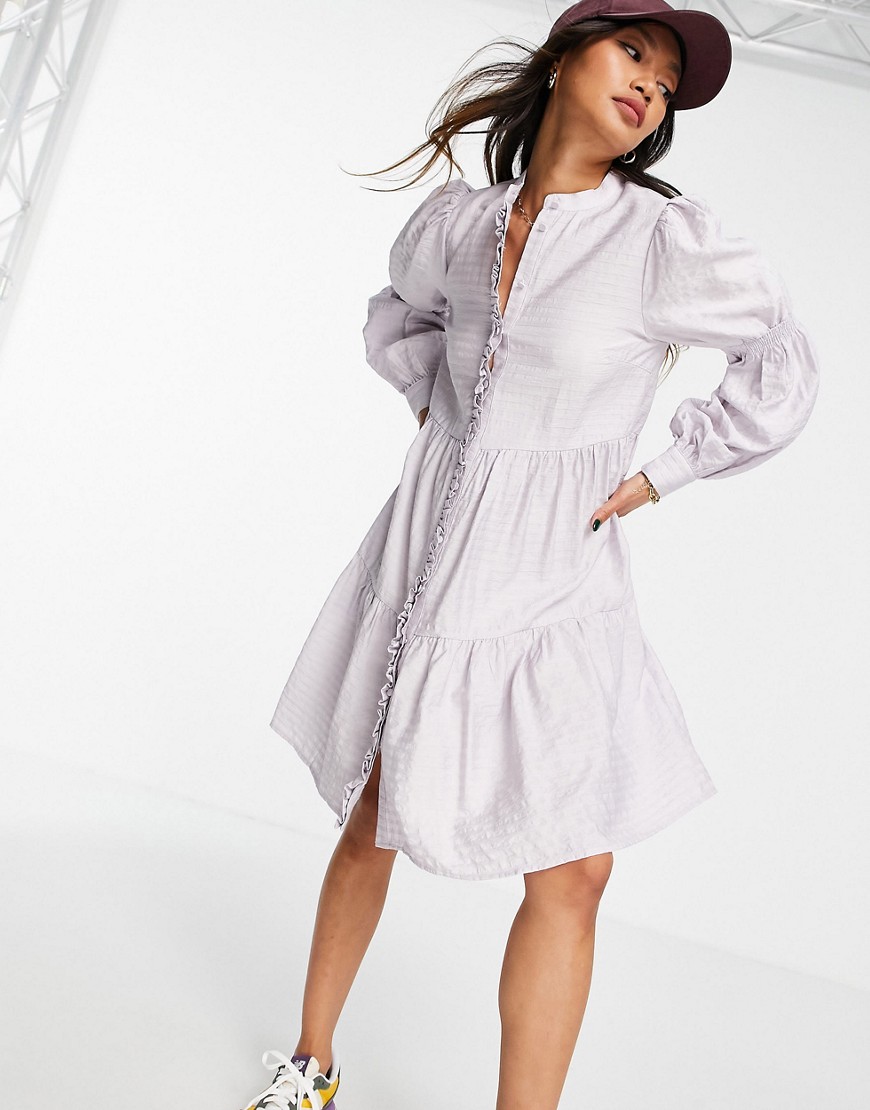 Y.A.S shirt mini dress with tiering and shirred arms in grey check