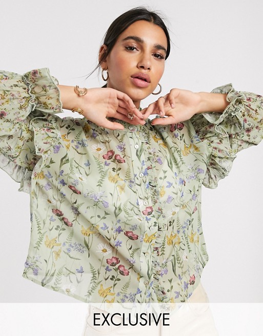 Y.A.S shirt with ruffle detail in botanical print