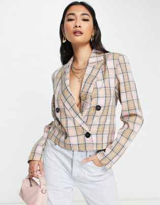 Y.A.S short check jacket co-ord in stone