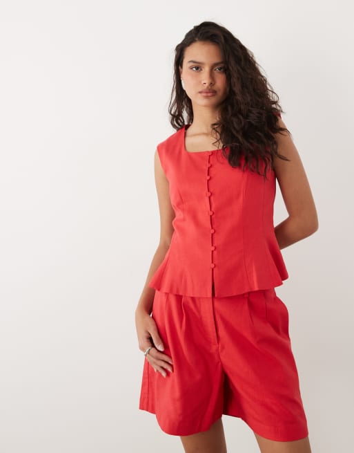 YAS - Short d'ensemble plissé aspect lin à taille haute - Rouge poinsettia, 2 de 5