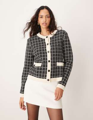 short knit cardigan in black and cream check-Multi