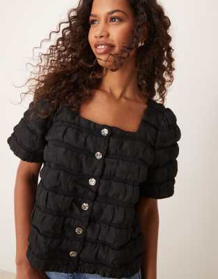 Y.a.s. Short Sleeve Button Front Top In Black