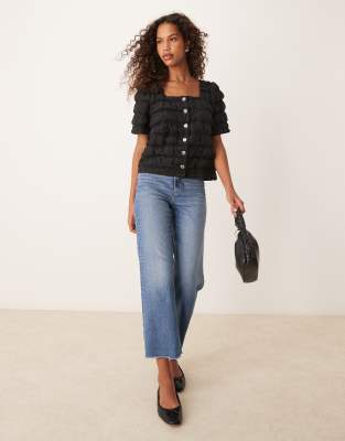 Y.a.s. Short Sleeve Button Front Top In Black
