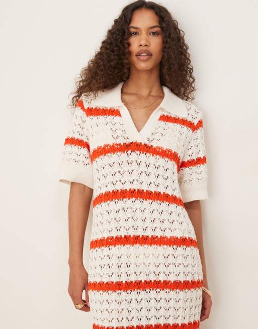 YAS short sleeve polo neck crochet maxi dress in cream and red stripes |  ASOS