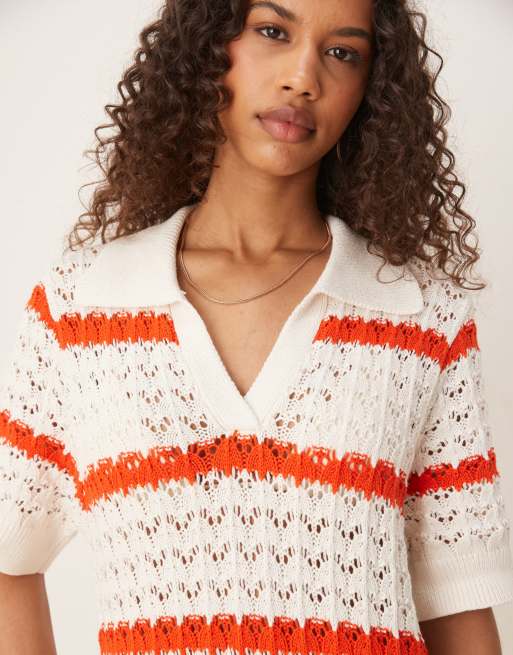 YAS short sleeve polo neck crochet maxi dress in cream and red stripes |  ASOS
