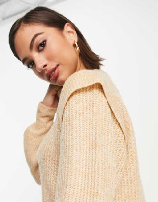 Y.A.S shoulder detail knitted dress in beige, 3 of 4