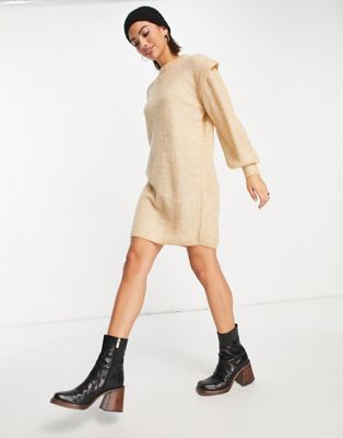 Y.A.S shoulder detail knitted dress in tan-Brown