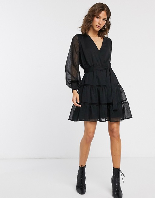 Y.A.S skater dress with lace insert and sheer sleeves in black spot