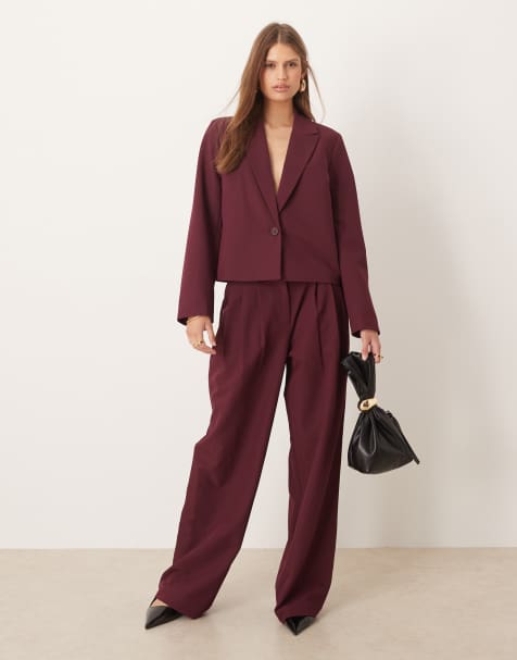 YAS - Skræddersyet bordeauxrødt jakkesæt med cropped blazer og bukser med brede ben - view 1