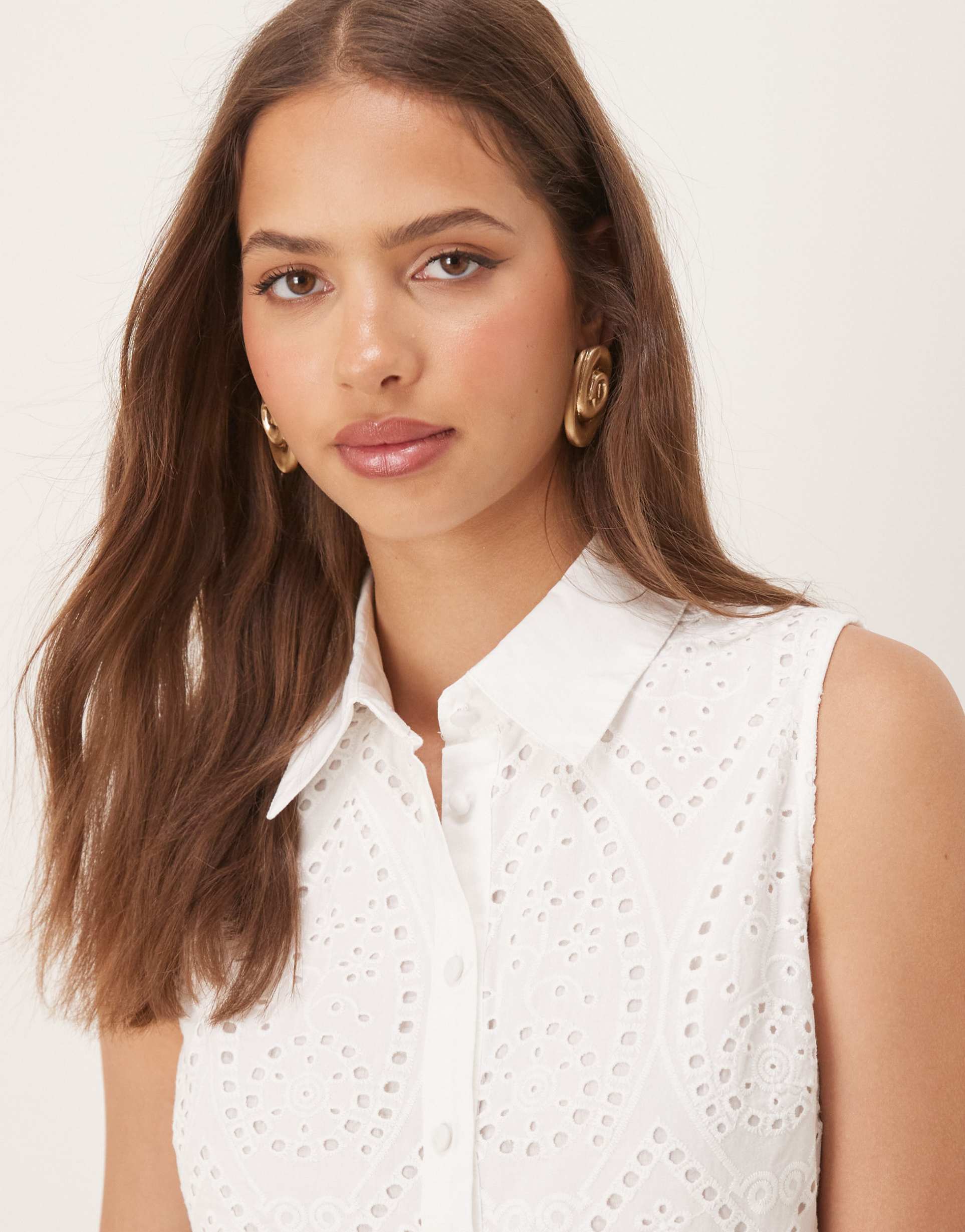 yas sleeveless button front eyelet mini dress in white