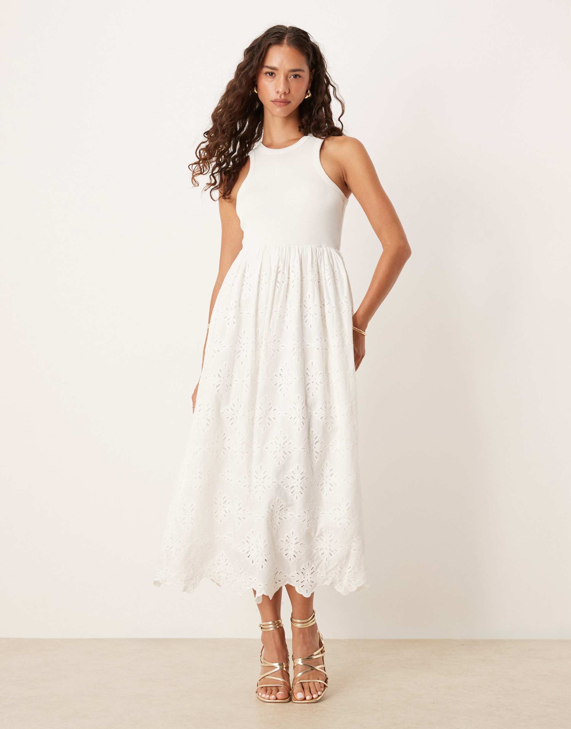yas sleeveless embroidered midi dress in white