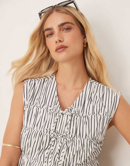 YAS sleeveless plunge poplin maxi dress in black and white stripes, 2 of 4