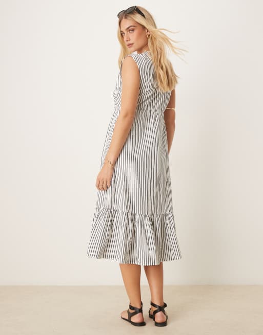 YAS sleeveless plunge poplin maxi dress in black and white stripes, 4 of 4