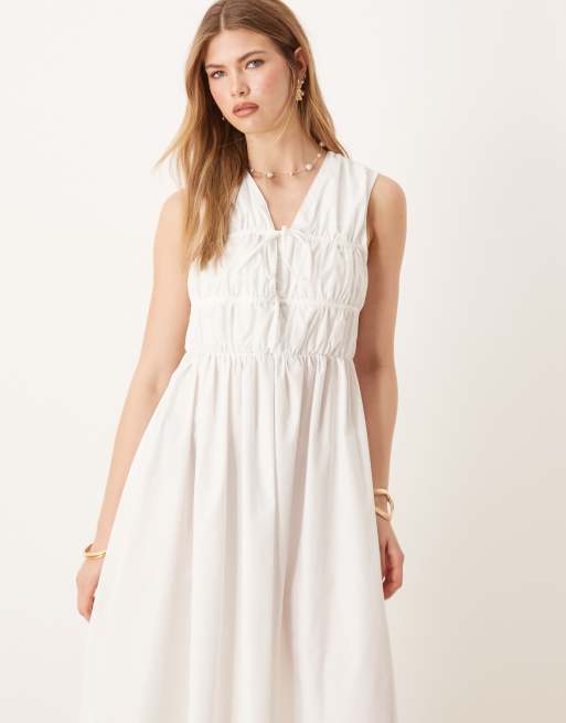 YAS sleeveless plunge poplin maxi dress in white