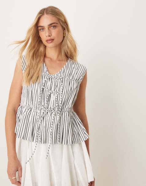 YAS sleeveless tie front poplin top in black and white stripe - view 1