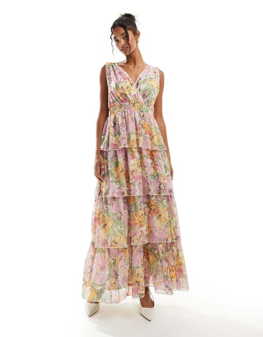 YAS sleeveless tiered maxi dress in garden floral print