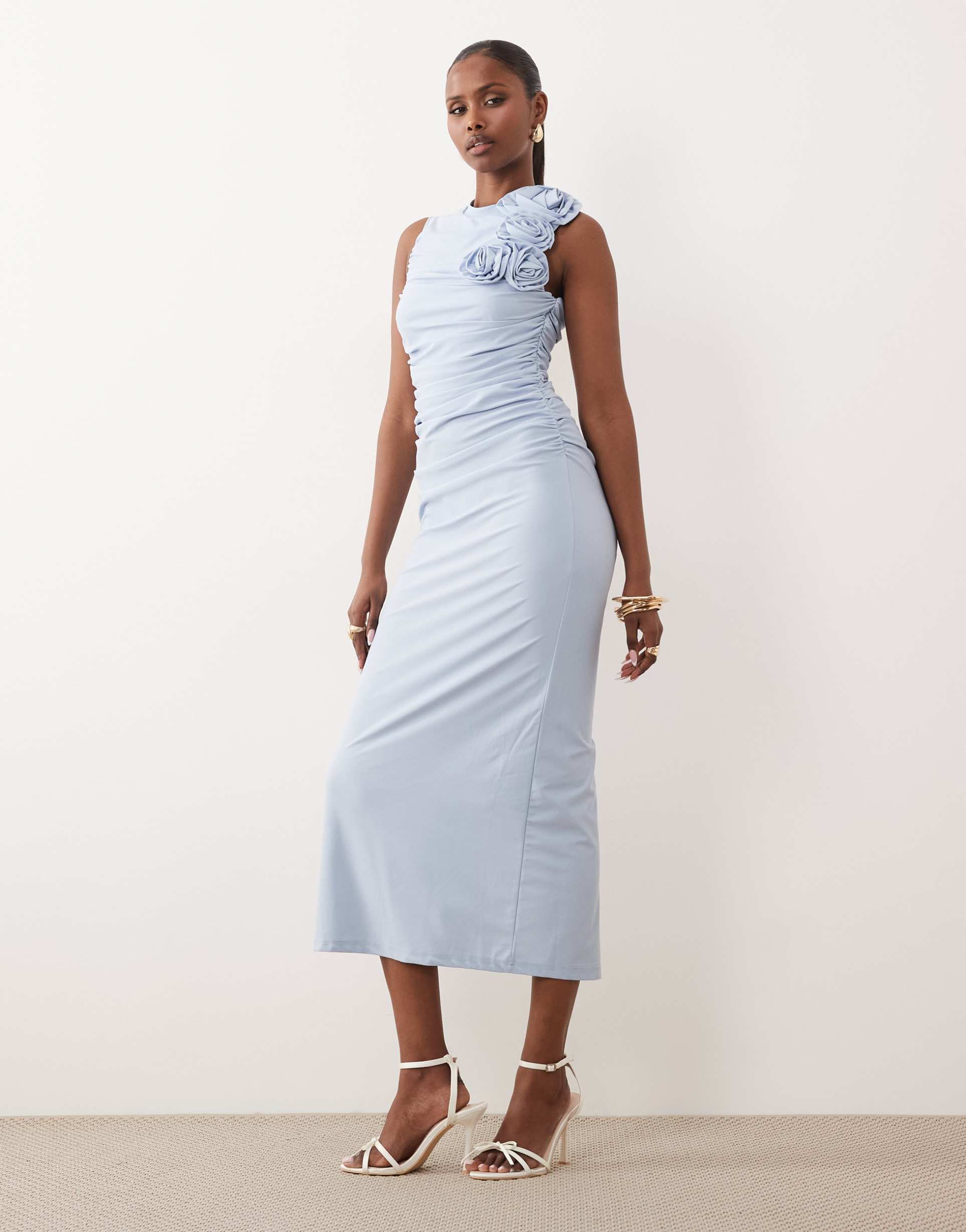 yas slinky ruched maxi dress with rosette in pale blue