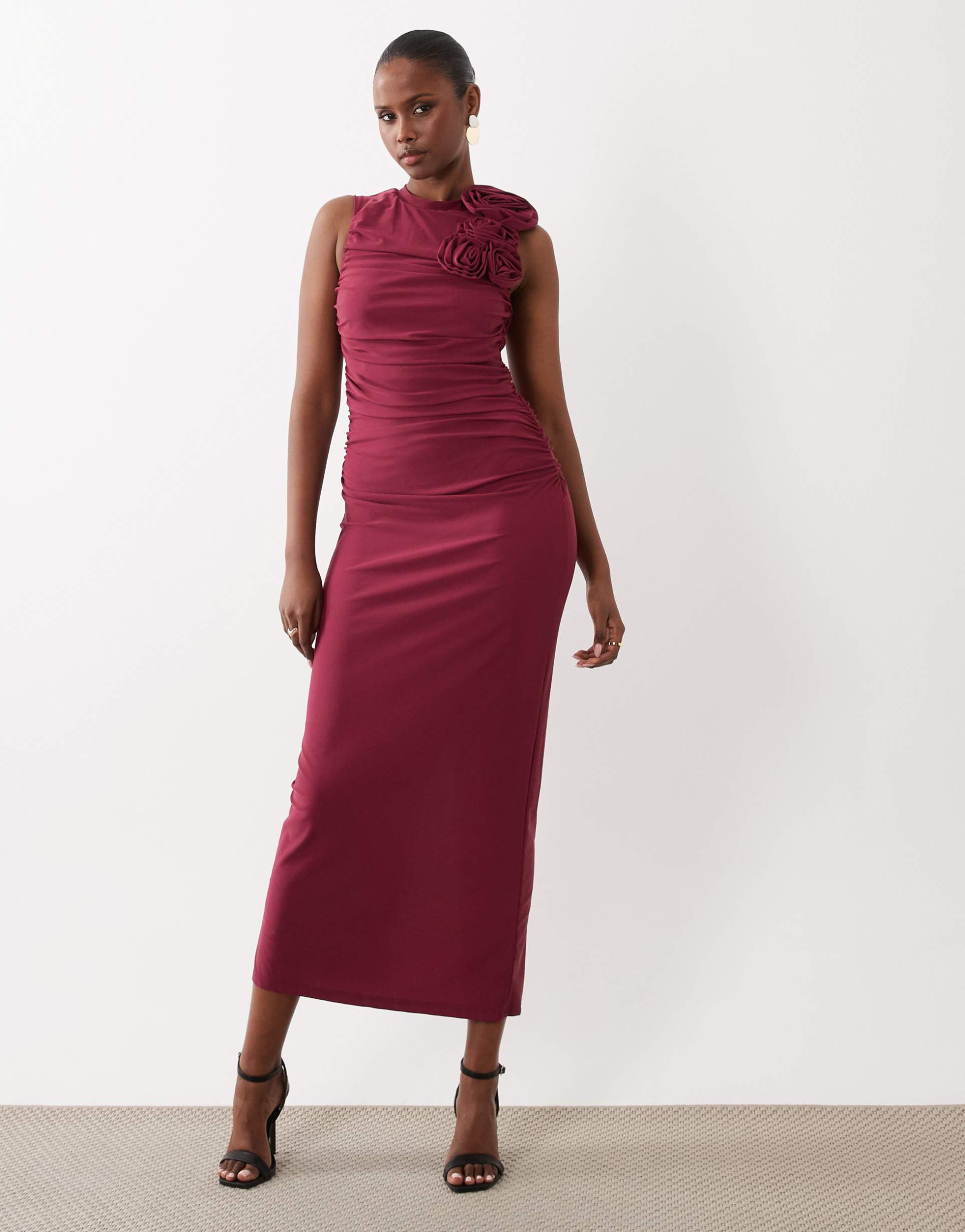yas slinky ruched midaxi dress with rosette in burgundy