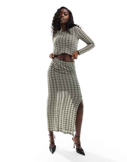 Y.A.S slit front maxi skirt in black & white wavy stripe - part of a set