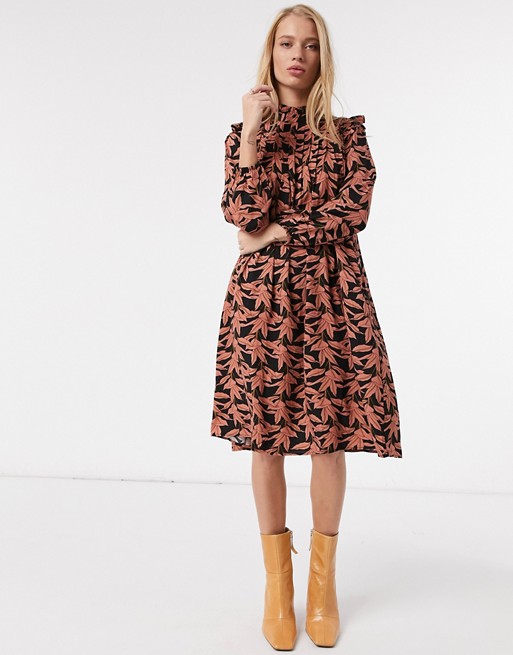 Y.A.S smock dress with high neck in black and rust floral